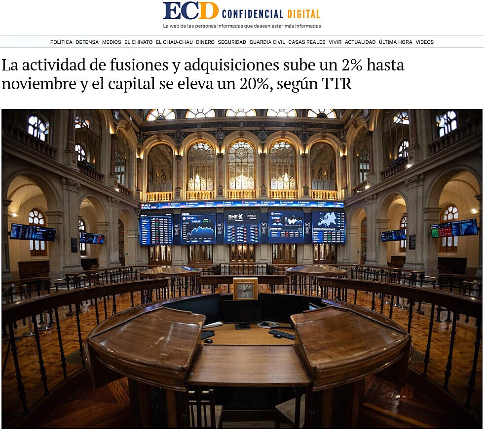 La actividad de fusiones y adquisiciones sube un 2% hasta noviembre y el capital se eleva un 20%, segn TTR